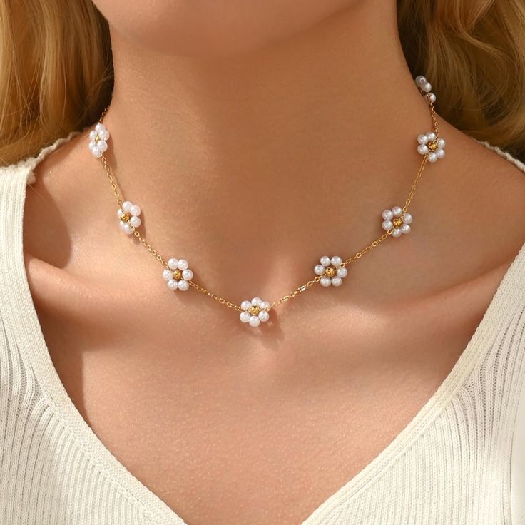 CrystalDots Golden Daisy Necklace — Pearl Flower Gold Chain