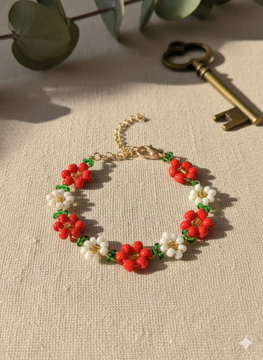 CrystalDots Daisy Bracelet — Red & White Floral Bead Bracelet