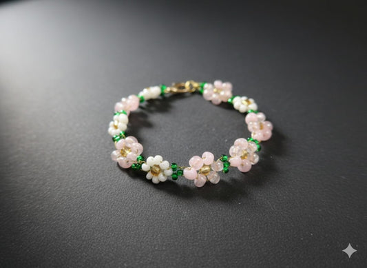 CrystalDots Blush Blossom Bracelet — Pink & White Floral Beaded Bracelet