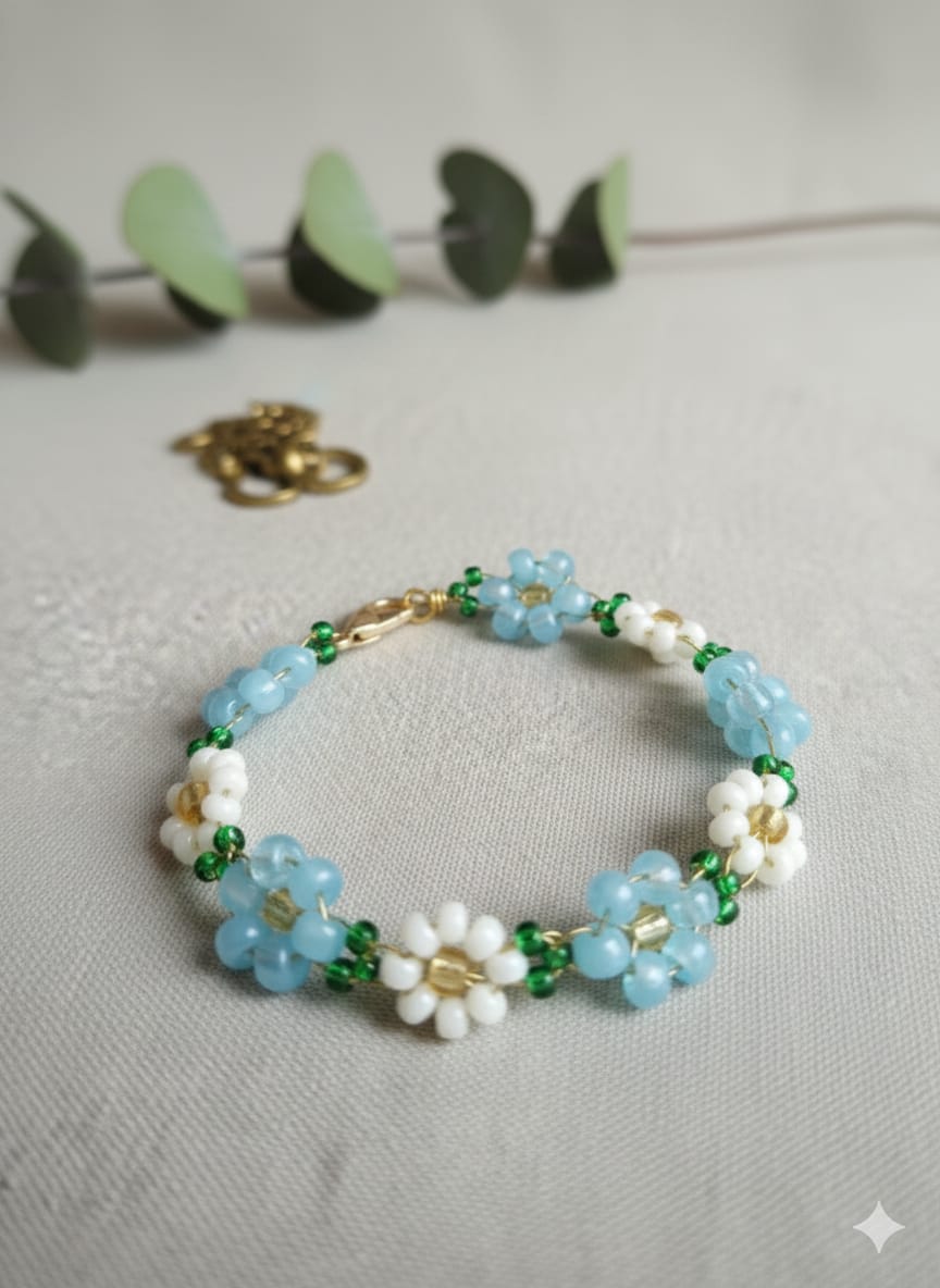 CrystalDots — Sky Blossom Bracelet (Blue & White)