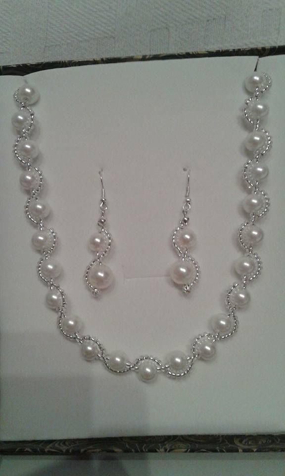 CrystalDots Silver Wave Pearl Set — Pearl Necklace & Earring Set